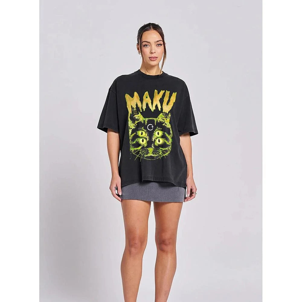 Maku Space Cat Snow Wash Oversized Tee