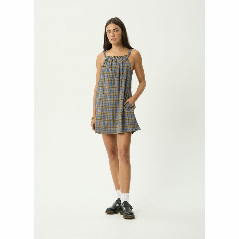 Afends Vania Seersucker Mini Dress - Cedar/Blue Check