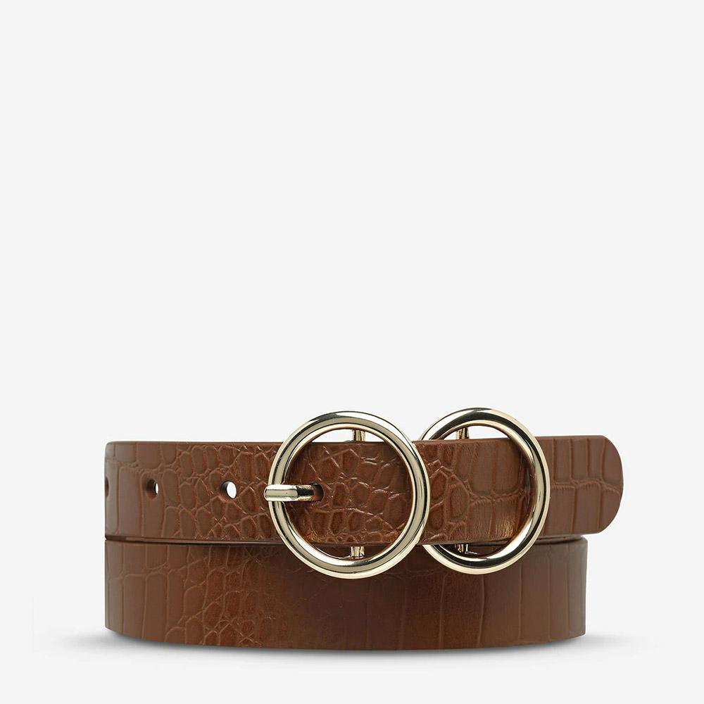 Status Anxiety Mislaid Skinny Belt - Tan Croc/Gold