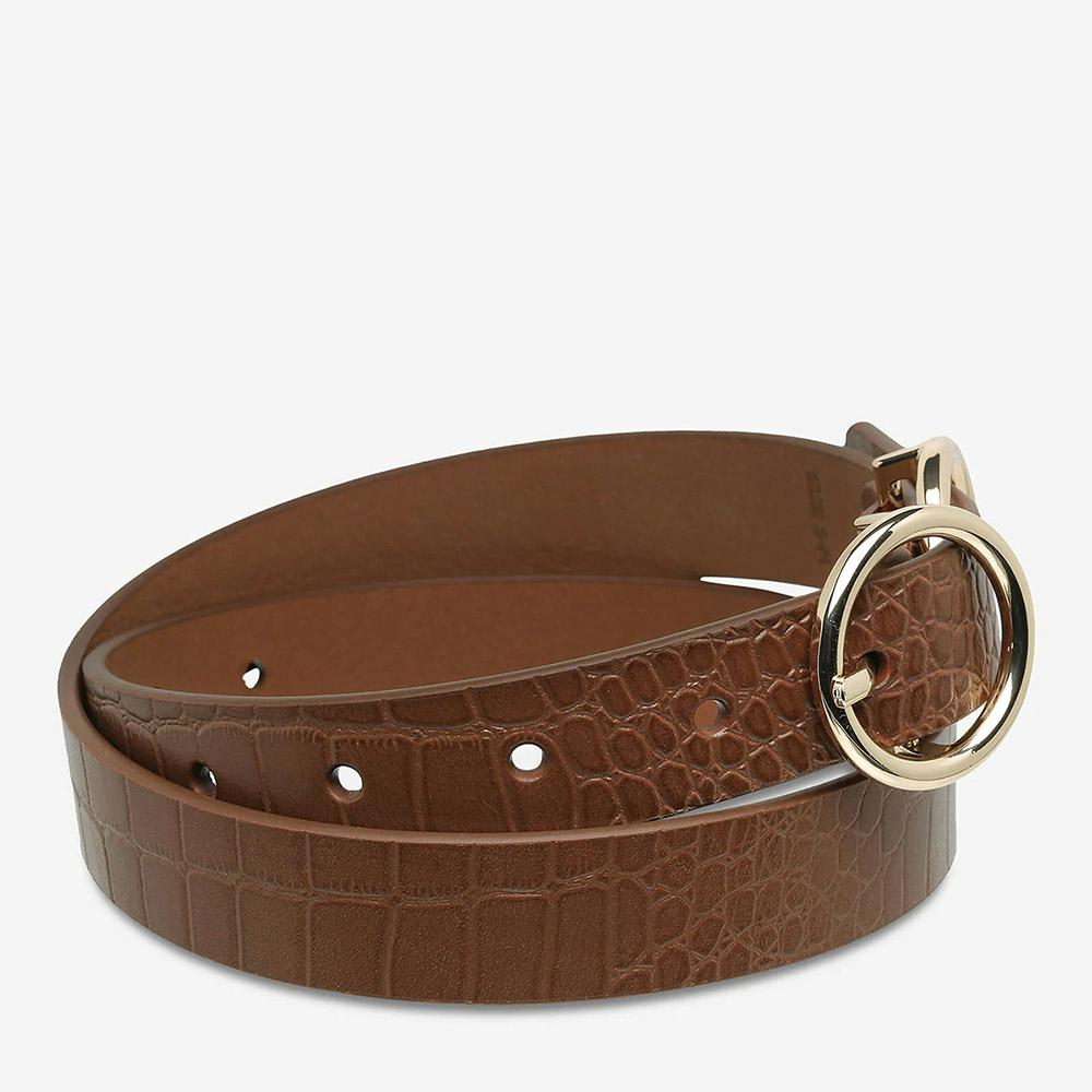 Status Anxiety Mislaid Skinny Belt - Tan Croc/Gold